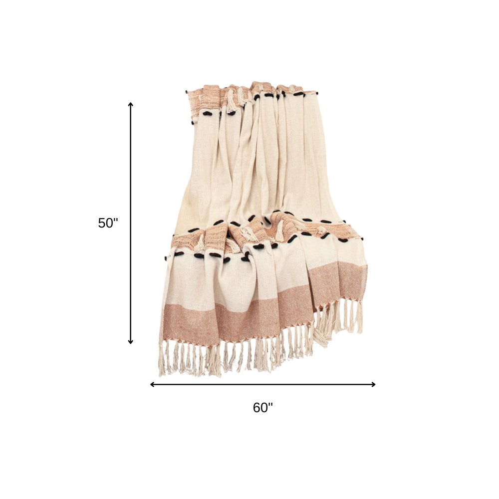 50" X 60" Brown and Ivory Woven Cotton Striped Throw Blanket with Tassels - Homeroots - Flyclothing LLC