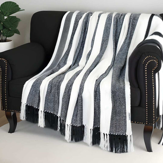 Black and White Woven Cotton Striped Throw Blanket - Homeroots - Flyclothing LLC