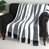 Black and White Woven Cotton Striped Throw Blanket - Homeroots