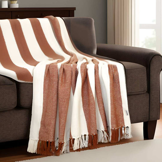 Burnt Orange Woven Cotton Striped Throw Blanket - Homeroots - Flyclothing LLC