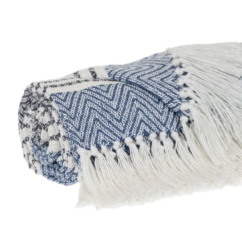 Blue Woven Cotton Striped Throw Blanket - Homeroots