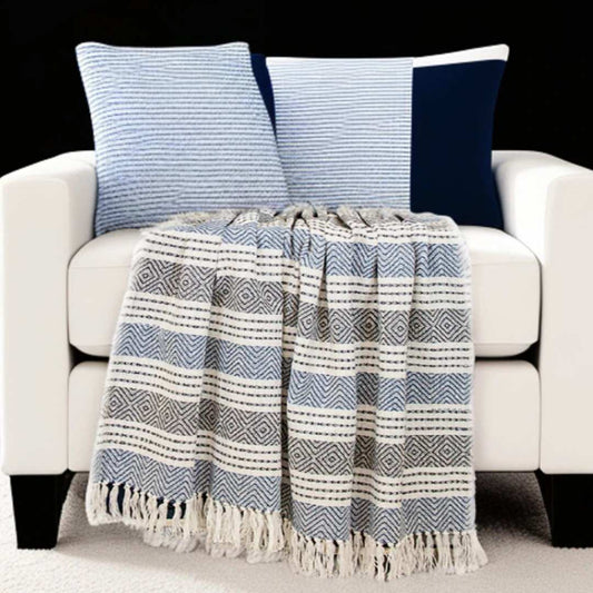Blue Woven Cotton Striped Throw Blanket - Homeroots - Flyclothing LLC