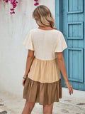 Color Block V-Neck Flutter Sleeve Mini Dress - Trendsi