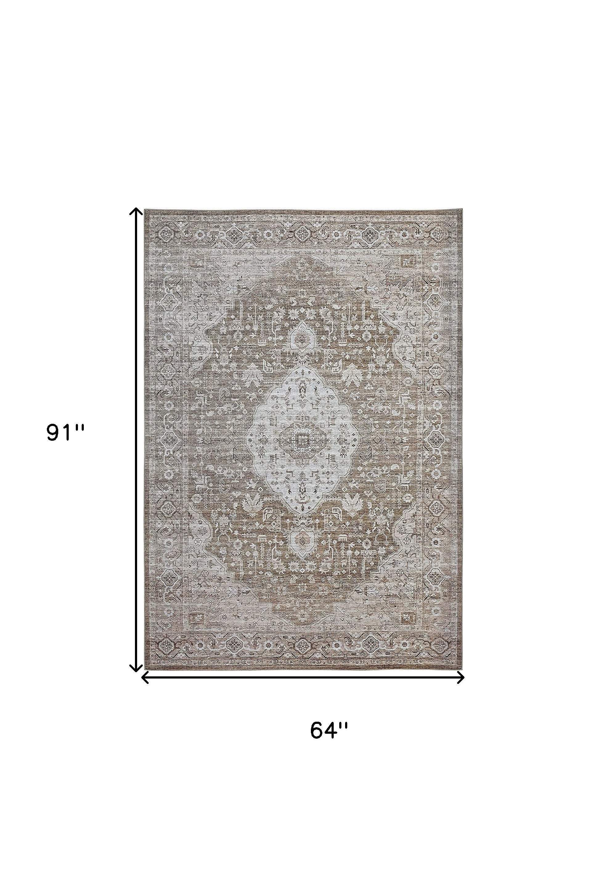 5' X 8' Beige Oriental Power Loom Distressed Stain Resistant Area Rug - Homeroots - Flyclothing LLC
