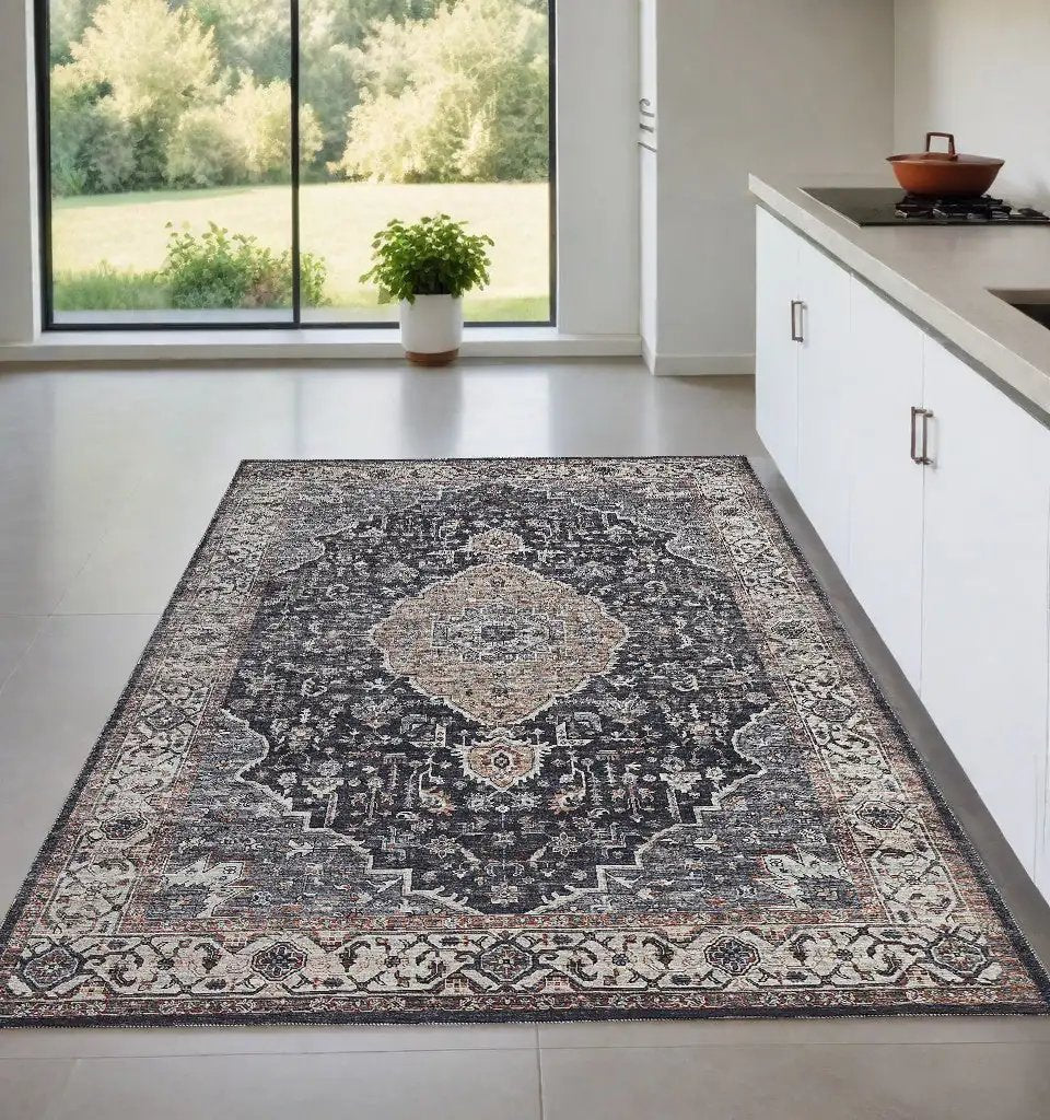 4' X 6' Black Oriental Power Loom Stain Resistant Area Rug - Homeroots