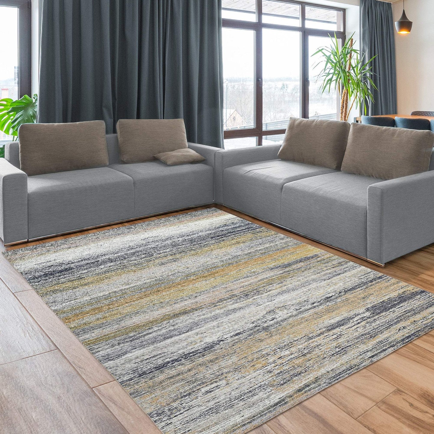 5' X 8' Gold Abstract Stain Resistant Area Rug - Homeroots - Flyclothing LLC