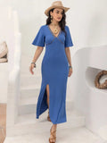 Slit Openwork V-Neck Half Sleeve Dress - Trendsi - Flyclothing LLC