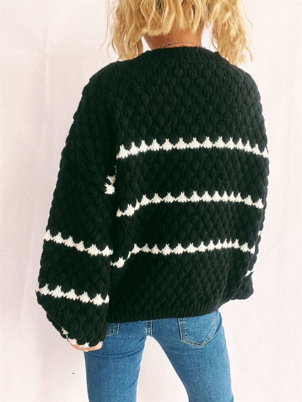 Contrast Stripes Round Neck Long Sleeve Sweater - Trendsi - Flyclothing LLC