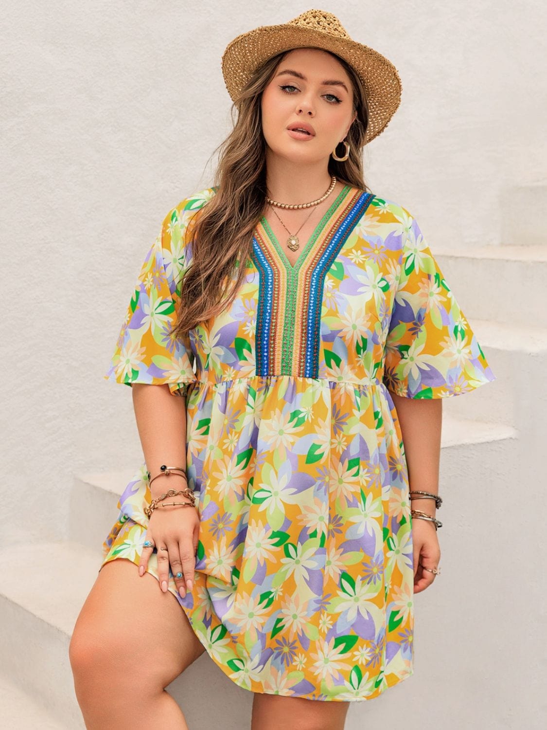 Plus Size Printed V-Neck Half Sleeve Mini Dress - Trendsi