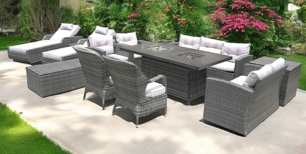 Twelve Piece Outdoor Gray Wicker Multiple Chairs Seating Group Fire Pit Included with White Cushions - Homeroots