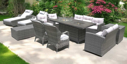 Twelve Piece Outdoor Gray Wicker Multiple Chairs Seating Group Fire Pit Included with White Cushions - Homeroots - Flyclothing LLC