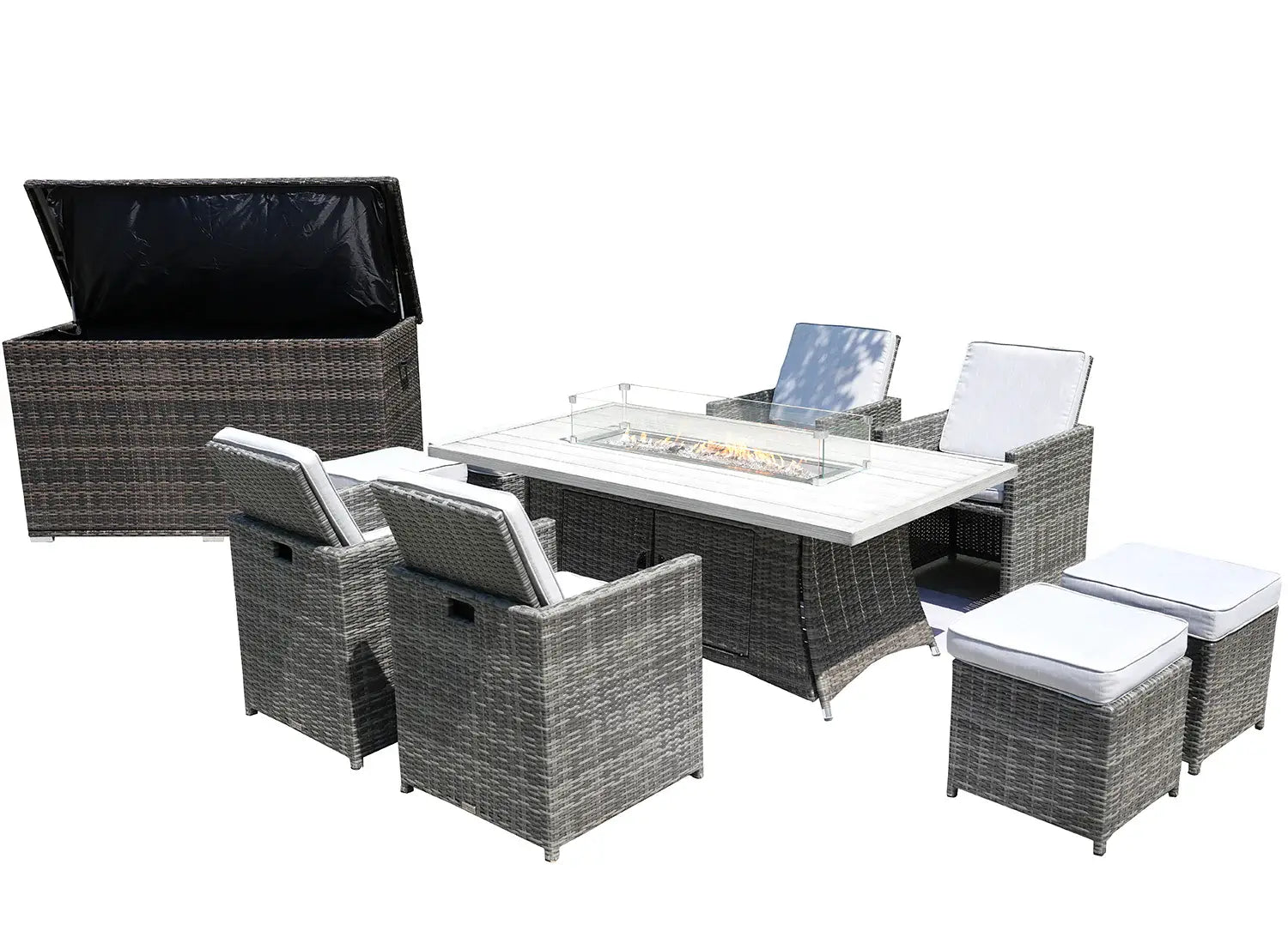 Ten Piece Outdoor Gray Wicker Multiple Chairs Seating Group Fire Pit Included with White Cushions - Homeroots - Flyclothing LLC
