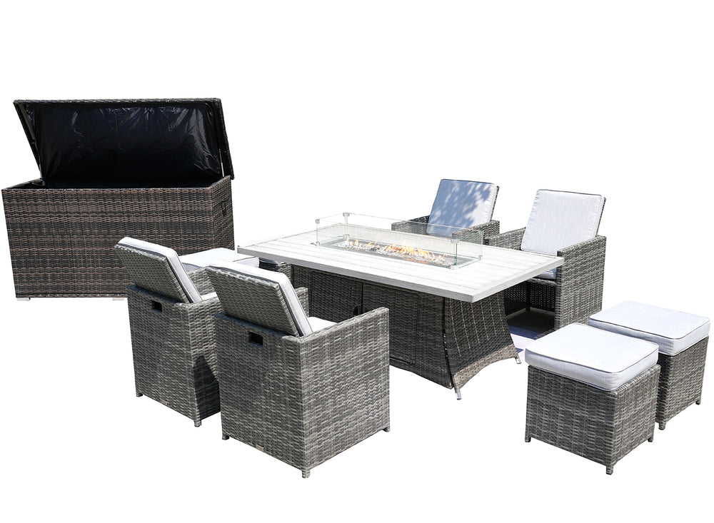 Ten Piece Outdoor Gray Wicker Multiple Chairs Seating Group Fire Pit Included with White Cushions - Homeroots