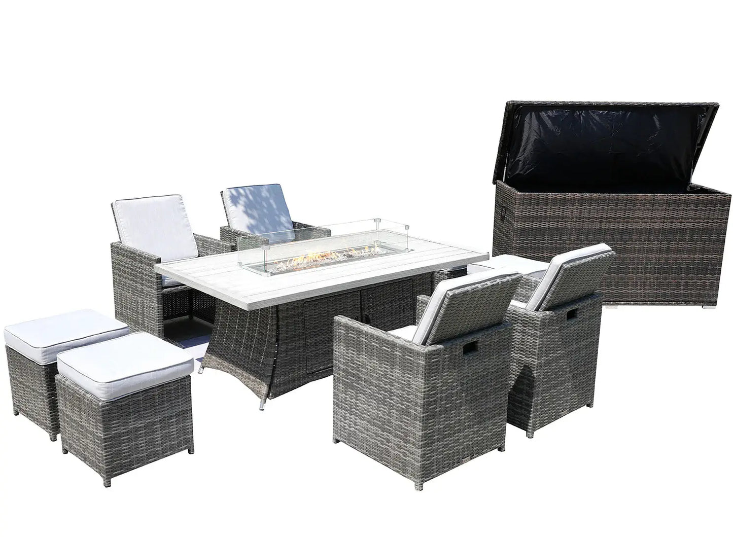Ten Piece Outdoor Gray Wicker Multiple Chairs Seating Group Fire Pit Included with White Cushions - Homeroots - Flyclothing LLC