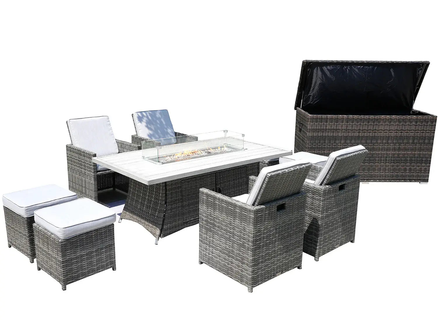Ten Piece Outdoor Gray Wicker Multiple Chairs Seating Group Fire Pit Included with White Cushions - Homeroots - Flyclothing LLC