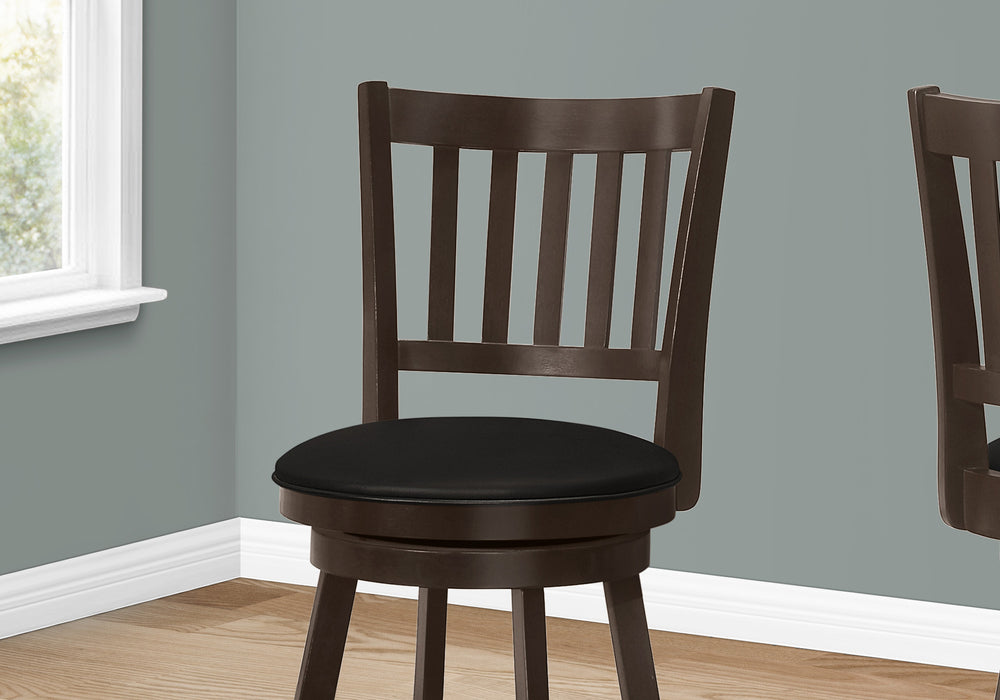 Set of Two 23 " Black And Espresso Faux Leather And Solid Wood Swivel Counter Height Bar Chairs - Homeroots - Flyclothing LLC