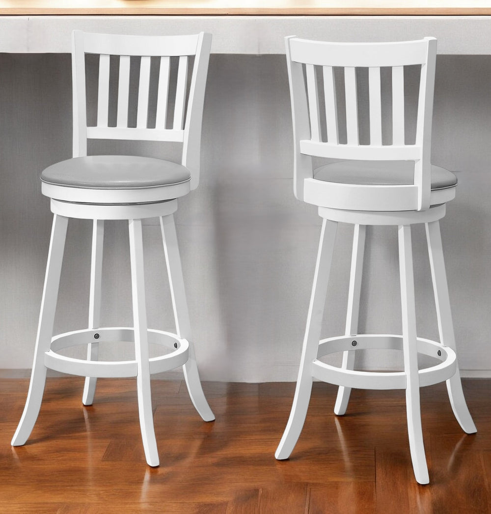 Set of Two 29 " Gray And White Faux Leather And Solid Wood Swivel Bar Height Bar Chairs - Homeroots