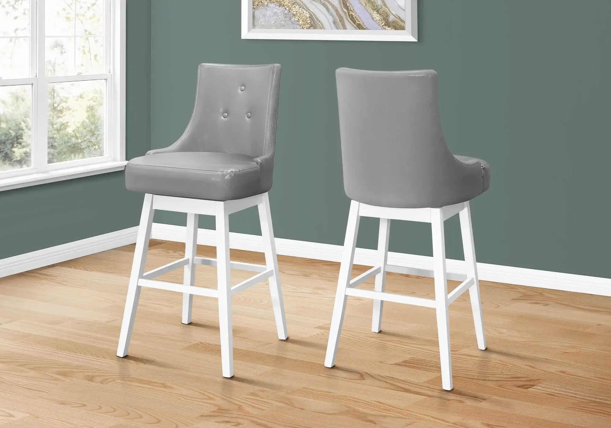 Set of Two 29 " Gray And White Faux Leather And Solid Wood Swivel Bar Height Bar Chairs - Homeroots - Flyclothing LLC