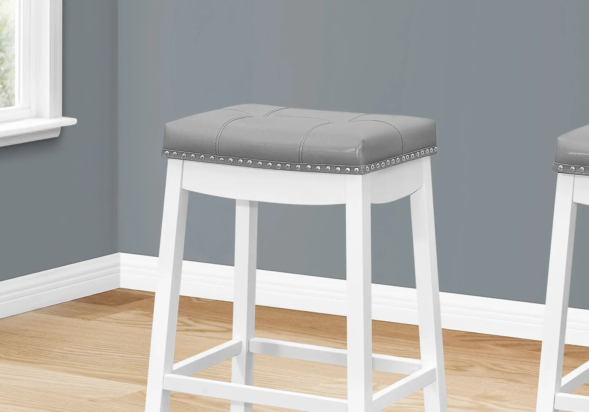 Set of Two 30 " Gray And White Faux Leather And Solid Wood Backless Bar Height Bar Chairs - Homeroots - Flyclothing LLC