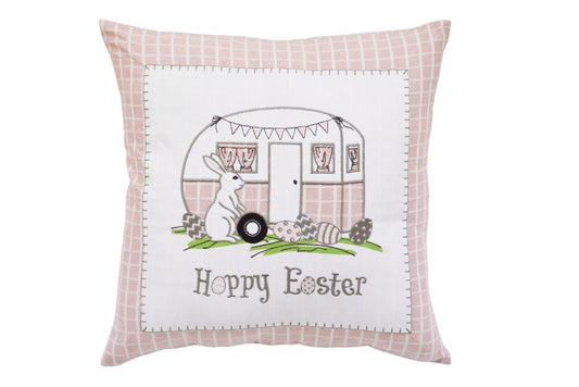 17" X 17" Light Pink Checkered Easter Bunny Camper Throw Pillow - Homeroots