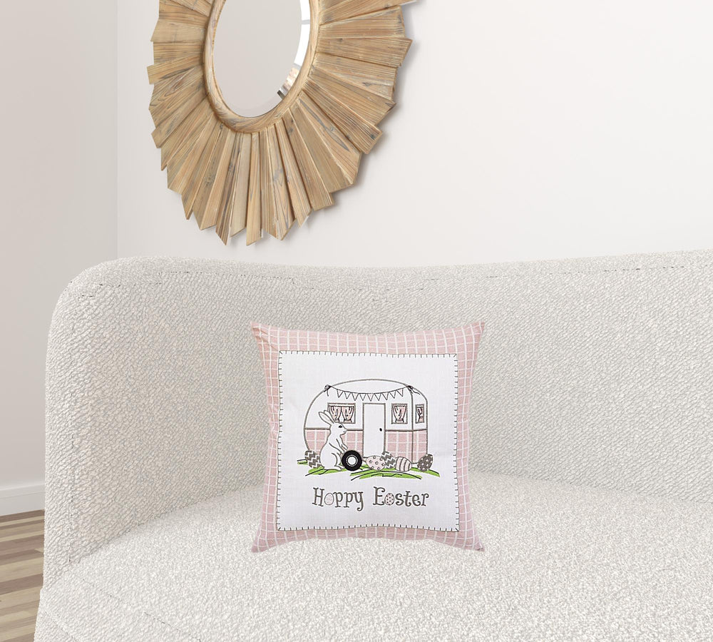 17" X 17" Light Pink Checkered Easter Bunny Camper Throw Pillow - Homeroots - Flyclothing LLC