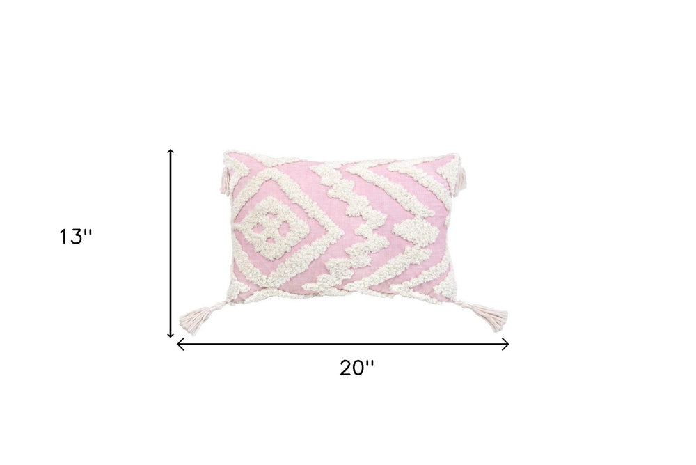 13" X 20" Pink and White Textural Abstract Throw Pillow with Tassels - Homeroots - Flyclothing LLC