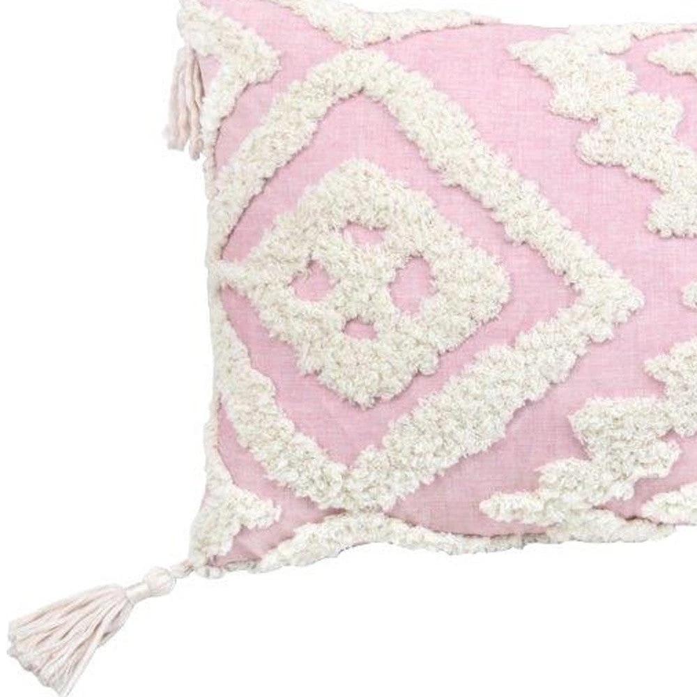 13" X 20" Pink and White Textural Abstract Throw Pillow with Tassels - Homeroots - Flyclothing LLC