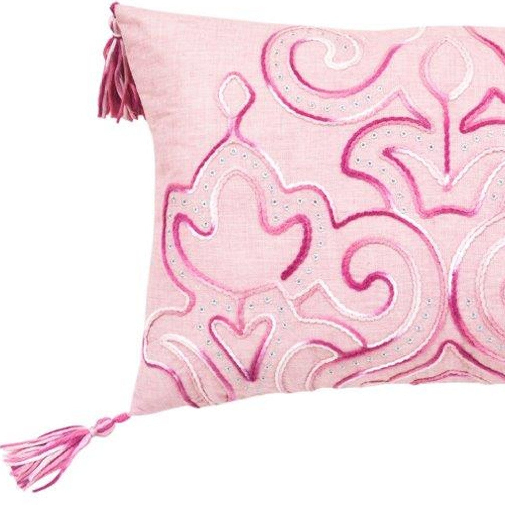 13" X 20" Pink Embroidered Damask Throw Pillow With Tassels - Homeroots - Flyclothing LLC