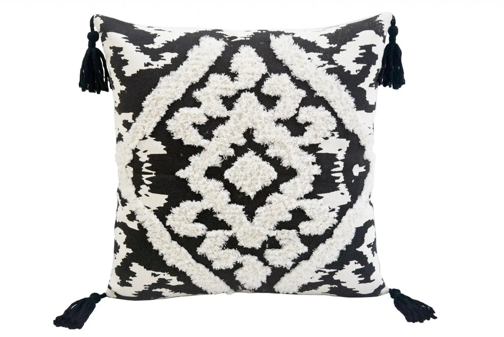 17" X 17" Black and White Textural Geometric Throw Pillow With Tassels - Homeroots