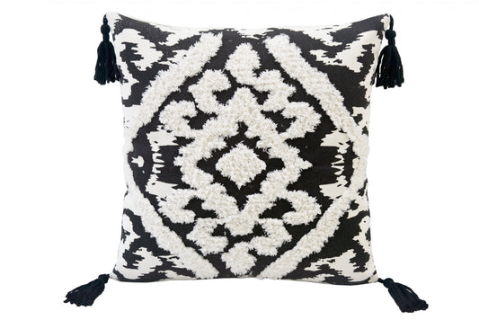 17" X 17" Black and White Textural Geometric Throw Pillow With Tassels - Homeroots