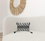 13" X 18" Black And White Geometric Zippered Polyester And Cotton Blend Throw Pillow With Tassels - Homeroots