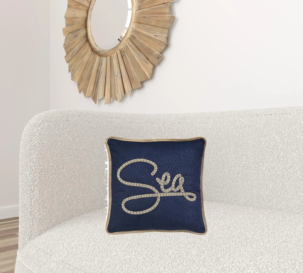 17" X 17" Navy Blue And Brown Text Zippered Polyester And Burlap Blend Throw Pillow With Embroidery - Homeroots - Flyclothing LLC