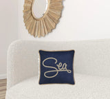 17" X 17" Navy Blue And Brown Text Zippered Polyester And Burlap Blend Throw Pillow With Embroidery - Homeroots