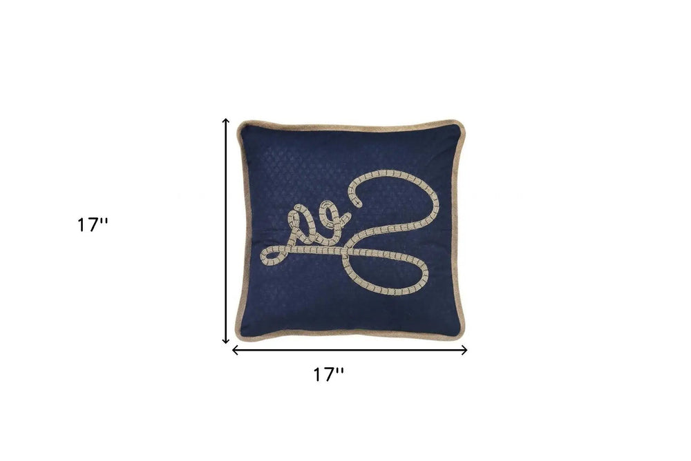 17" X 17" Navy Blue And Brown Text Zippered Polyester And Burlap Blend Throw Pillow With Embroidery - Homeroots - Flyclothing LLC