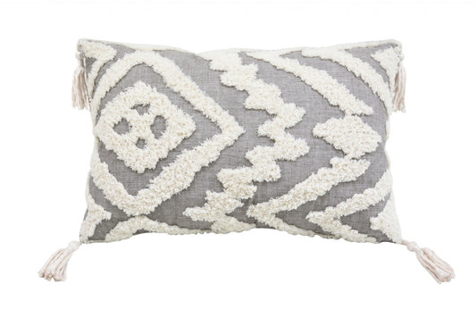 13" X 20" Grey And White Abstract Zippered Polyester Throw Pillow With Tassels - Homeroots
