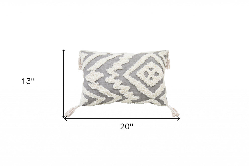 13" X 20" Grey And White Abstract Zippered Polyester Throw Pillow With Tassels - Homeroots - Flyclothing LLC