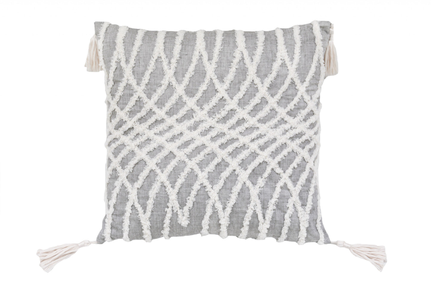17" X 17" Grey And White Interlocking Zippered Polyester Throw Pillow With Tassels - Homeroots - Flyclothing LLC