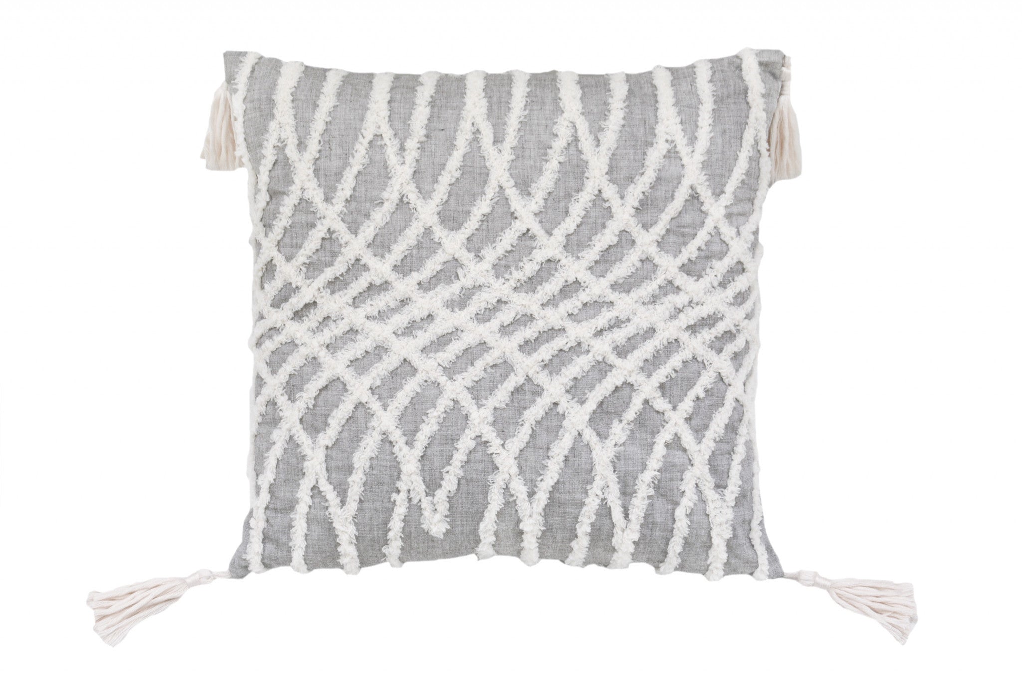 17" X 17" Grey And White Interlocking Zippered Polyester Throw Pillow With Tassels - Homeroots - Flyclothing LLC