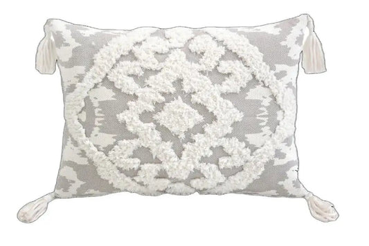 13" X 18" Grey And White Damask Zippered Polyester And Cotton Blend Throw Pillow With Tassels - Homeroots