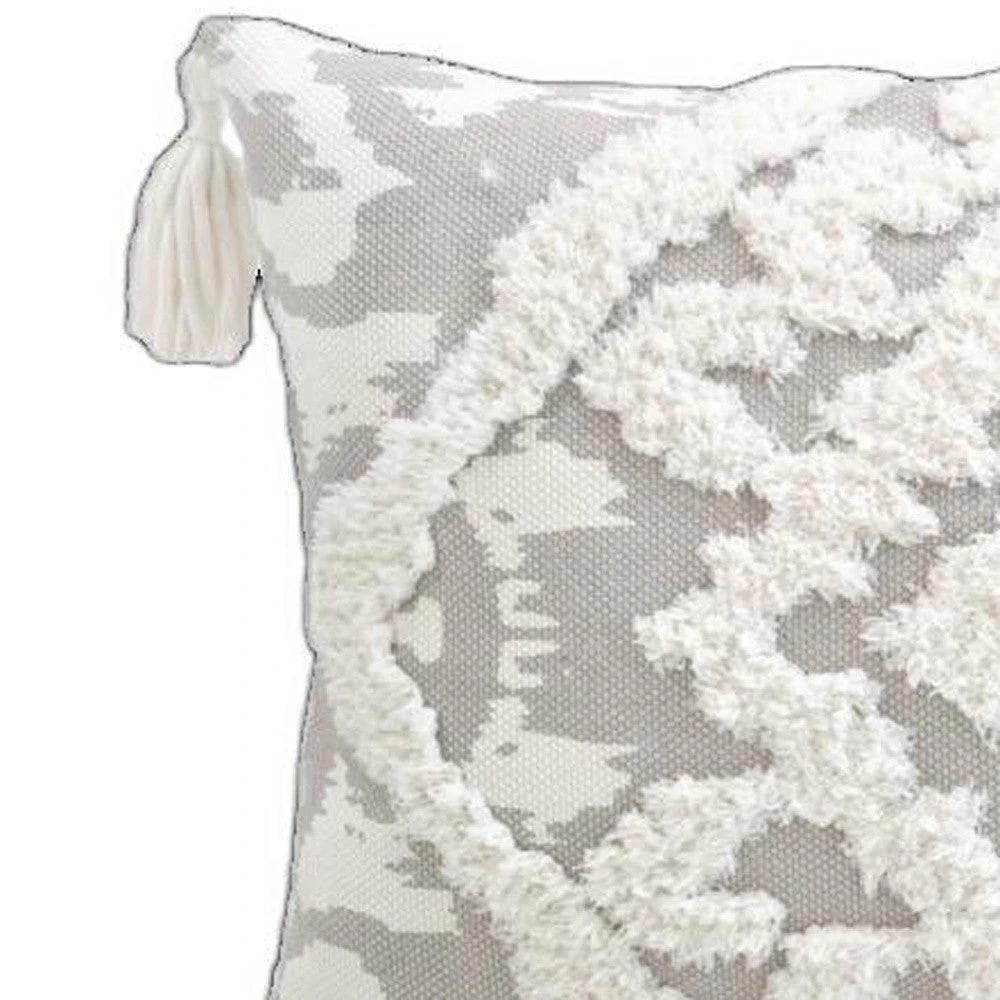 13" X 18" Grey And White Damask Zippered Polyester And Cotton Blend Throw Pillow With Tassels - Homeroots - Flyclothing LLC