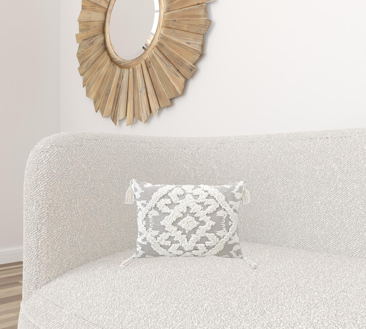 13" X 18" Grey And White Damask Zippered Polyester And Cotton Blend Throw Pillow With Tassels - Homeroots - Flyclothing LLC