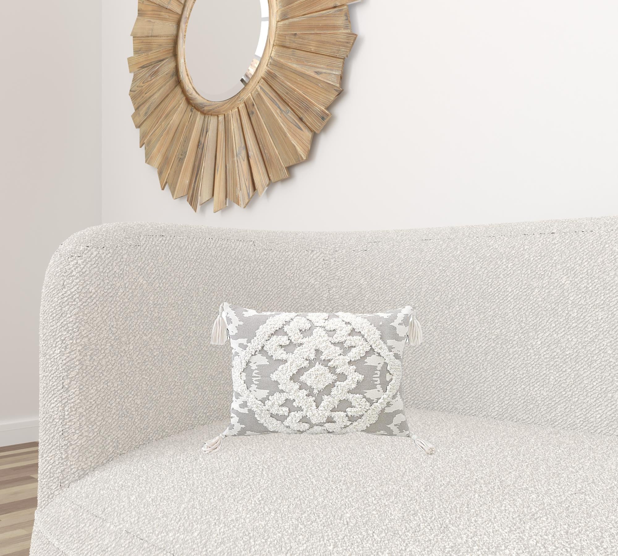13" X 18" Grey And White Damask Zippered Polyester And Cotton Blend Throw Pillow With Tassels - Homeroots - Flyclothing LLC