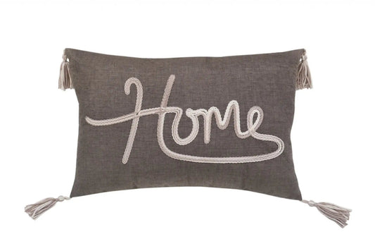 13" X 20" GreyTaupe And White Text Zippered Polyester Throw Pillow With Tassels - Homeroots