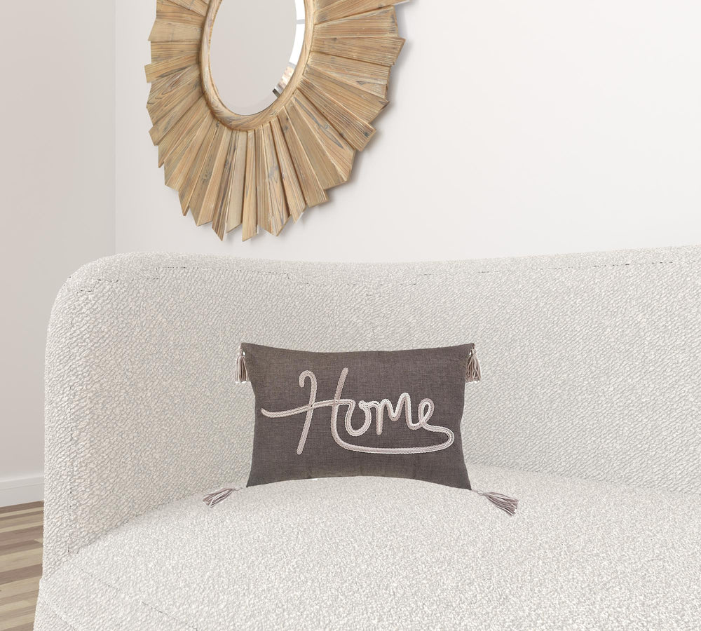 13" X 20" GreyTaupe And White Text Zippered Polyester Throw Pillow With Tassels - Homeroots - Flyclothing LLC