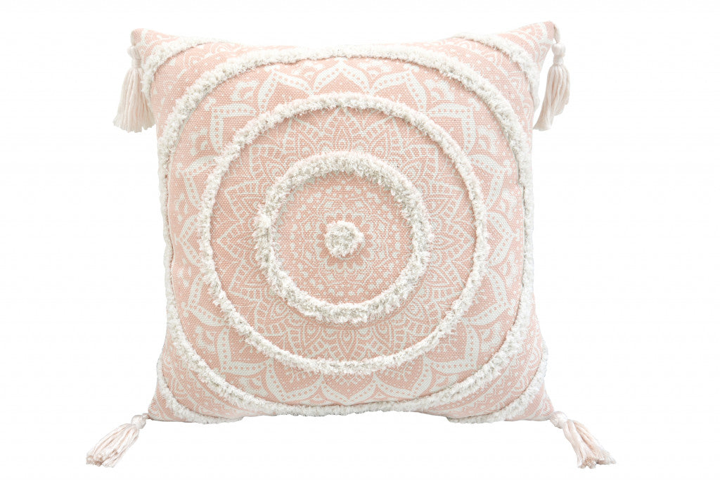 18" X 18" Peach And White Geometric Zippered Polyester And Cotton Blend Throw Pillow With Tassels - Homeroots - Flyclothing LLC