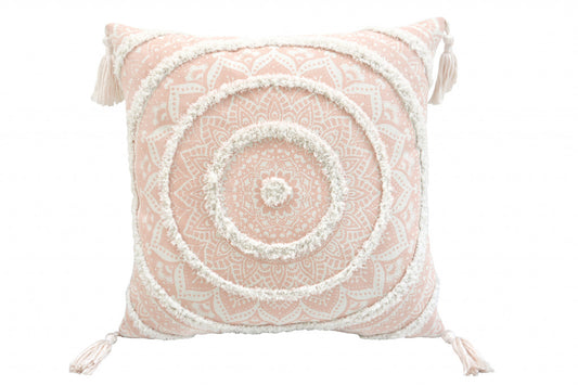 18" X 18" Peach And White Geometric Zippered Polyester And Cotton Blend Throw Pillow With Tassels - Homeroots