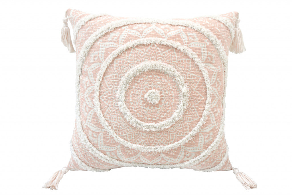 18" X 18" Peach And White Geometric Zippered Polyester And Cotton Blend Throw Pillow With Tassels - Homeroots - Flyclothing LLC