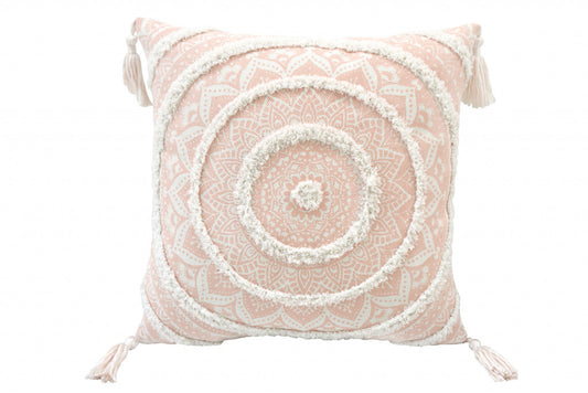 18" X 18" Peach And White Geometric Zippered Polyester And Cotton Blend Throw Pillow With Tassels - Homeroots