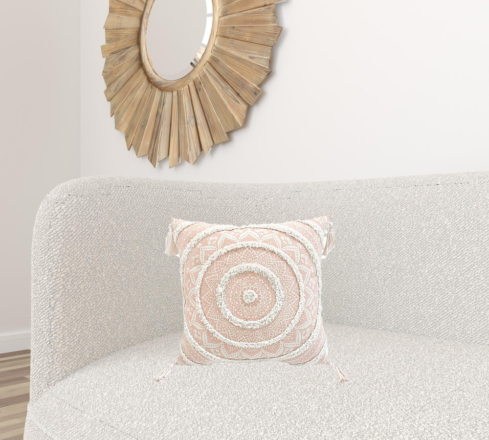 18" X 18" Peach And White Geometric Zippered Polyester And Cotton Blend Throw Pillow With Tassels - Homeroots - Flyclothing LLC