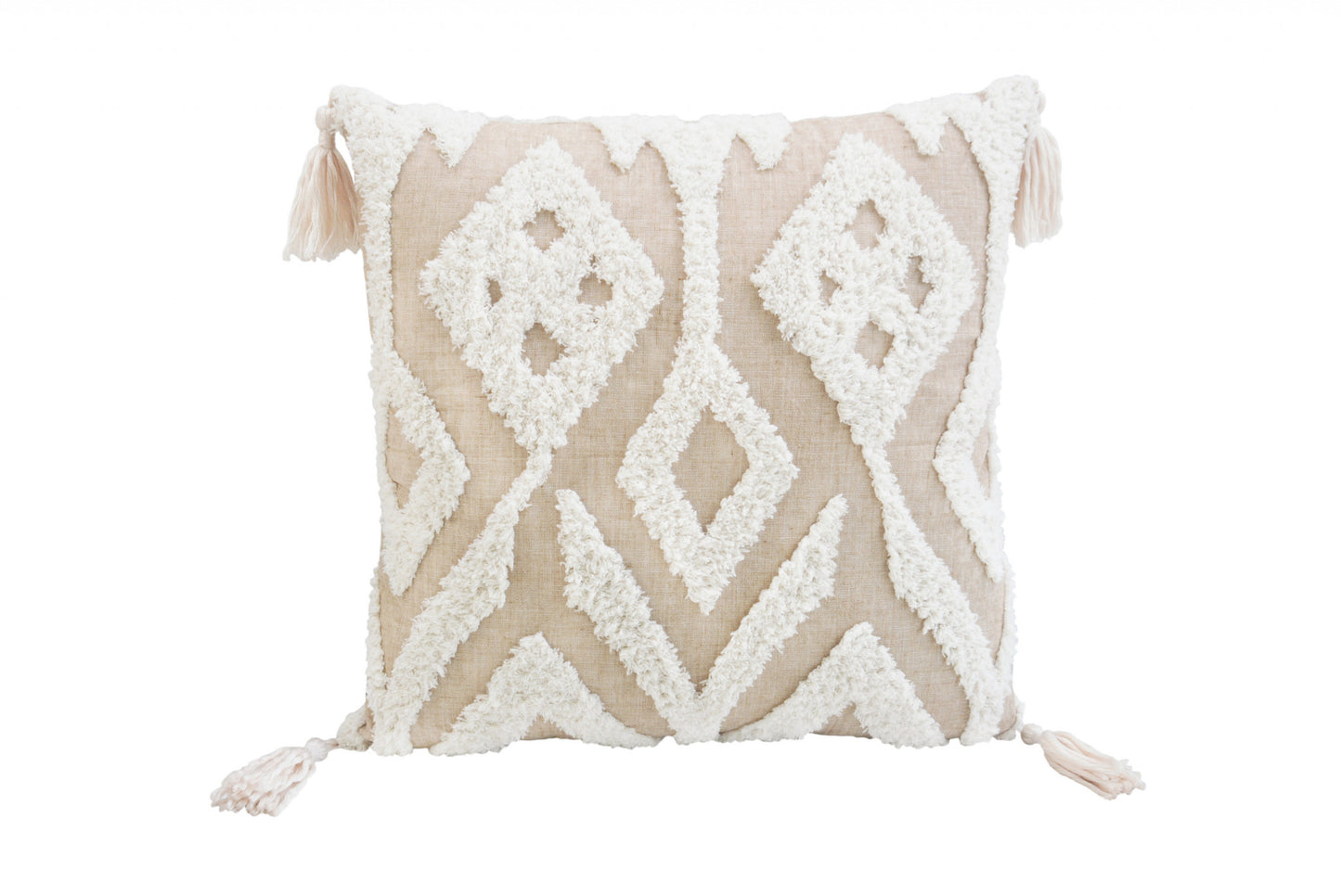 17" X 17" Beige And White Ikat Zippered Polyester Throw Pillow With Tassels - Homeroots - Flyclothing LLC